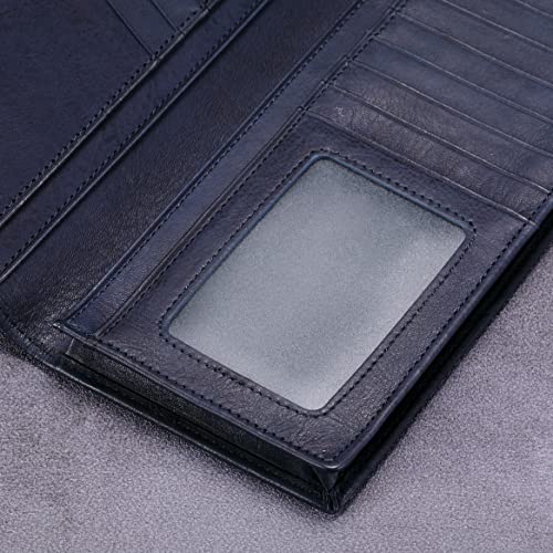 Image of HISCOW Full Grain Leather Men's Long Wallet, 15 Card Slots, Aniline Blue | Gusseted bill compartment, tall bifold design, clear ID window, ideal for coat pockets or briefcases, turned-edge, gift box