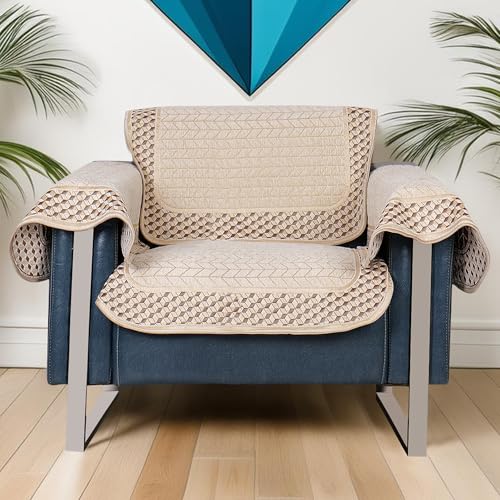 Image of Premium Beige Chenille Woven Anti-Slip 1 Seater Sofa Cover with Arm Rest | L-Shape Sofa Seat Protector for Living Room | Durable & Stylish Slipcover