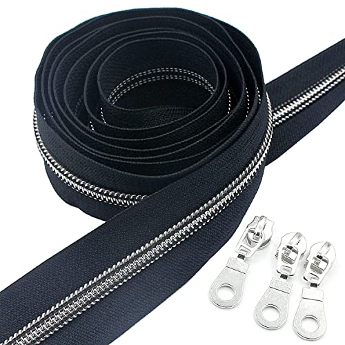 Image of Leekayer #5 Silver Metallic Nylon Coil Zippers by The Yard Bulk 10 Yards Zipper Tape with 25pcs Silver Sliders for DIY Sewing Tailor Craft Bag (Navy Black)