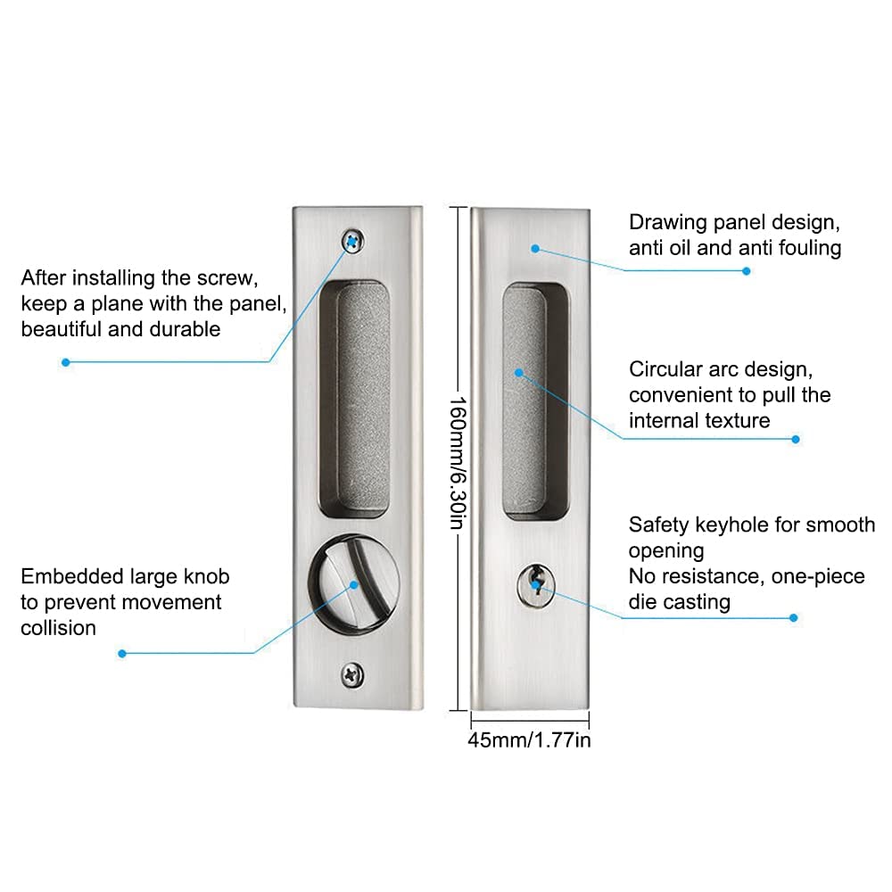 VICTAC Sliding Door Lock with Recessed Handle in Brushed Steel Finish with 3 Keys Interior Wood Pocket Door Lock Furniture Hardware — Amazon image 6