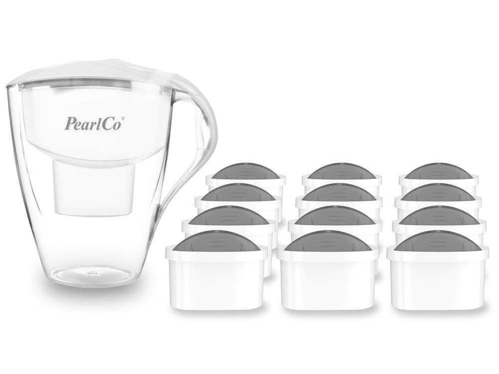 PearlCo - Filtr do wody Family (biały) – z 12 wkładami filtrującymi Unimax (do twardej wody) – pasuje do Brita Maxtra