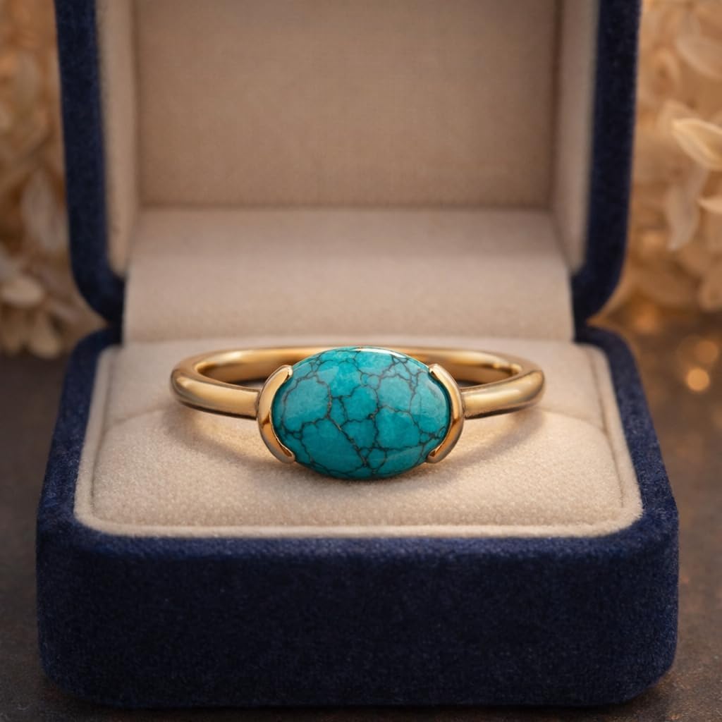 Oval Cut Blue Turquoise Solitaire Ring 14K Yellow Gold Minimalist Promise Engagement Ring December Birthstone Art Deco Alternative Fine Jewelry Gift for Her