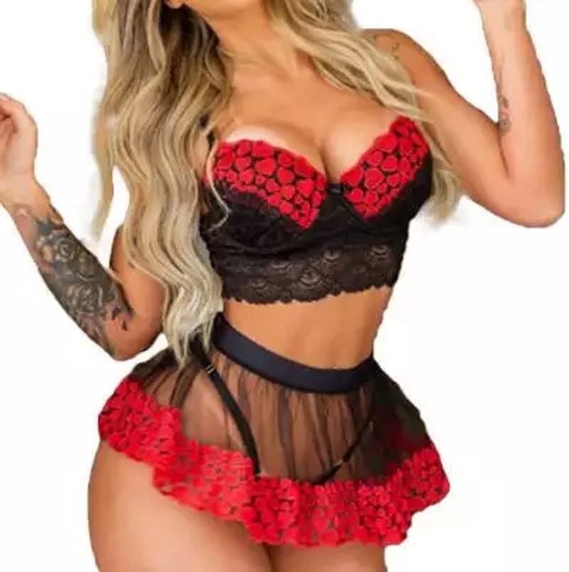 TECH-LINE-DIRECT FASHION ACCESSORIES 3Pcs Womens Sexy Lingerie Set Lace Push-Up Bra Lingerie Set Floral Babydoll