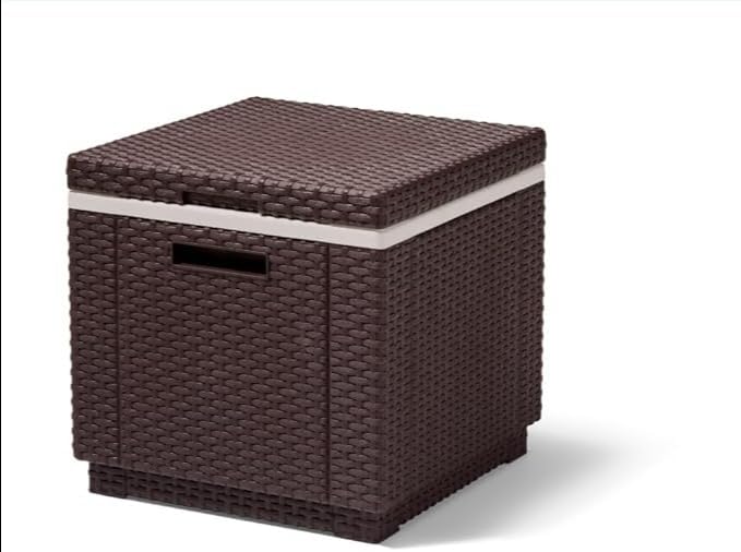 GAM Ice Cube Cool Box Stool – Garden Rattan Effect Outdoor Side Table Seat, Double Wall Insulated Drink Storage, Dark Brown, 42x42x41cm