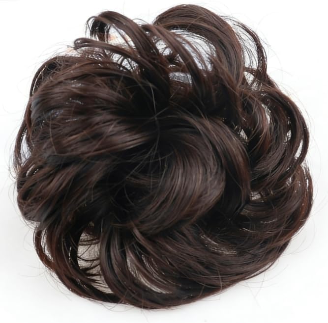 Moño Postizo Con Coletero, Gran Moño Despeinado Rizado Castaño Oscuro, Extensión de Cabello Para Peinados Altos, Para Mujeres Y Niñas (Castaño Oscuro)