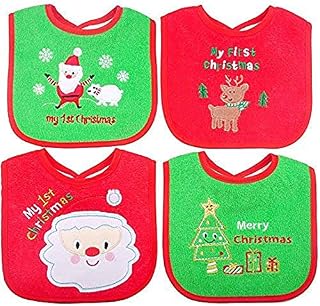 Christmas Baby Bibs,First Christmas Baby Gifts, 4pcs Different Pattern Waterproof Bibs,First Xmas Bib for Babies Newborns and Toddlers