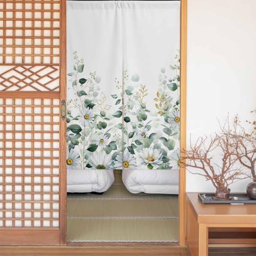 Sauoromeon のれん カーテン 幅75x丈180cm 厚手 遮光 暖簾 ドアカーテン 仕切り 目隠し 通気性 和風 おしゃれ フラット リング対応 ひも付き グリーンユーカリ 北欧ナチュラル ボタニカルリーフ柄 勝手口 玄関 キッチン リビング 春