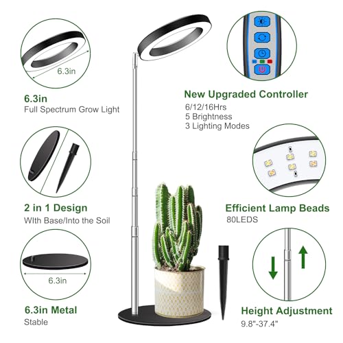 Image of Aokrean Grow Lights for Indoor Plants, 6.3in Full Spectrum Growing Lamp | 80 LEDs Black 1-Pack, 2 Installation Ways, 9.8-37.4 in Height Adjustable, 3 Lighting Modes, Timer 6 /12 /16Hrs, 5 Brightness