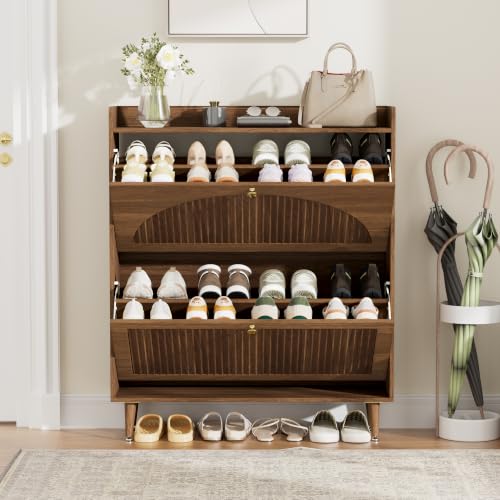 Image of Shoe Storage Cabinet with 2 Flip Drawers, Shoe Organizer Storage with Adjustable Shelves, Freestanding Hidden Slim Narrow Shoe Rack Cabinet for Entryway, Foyer, Hallway, Living Room (Walnut)