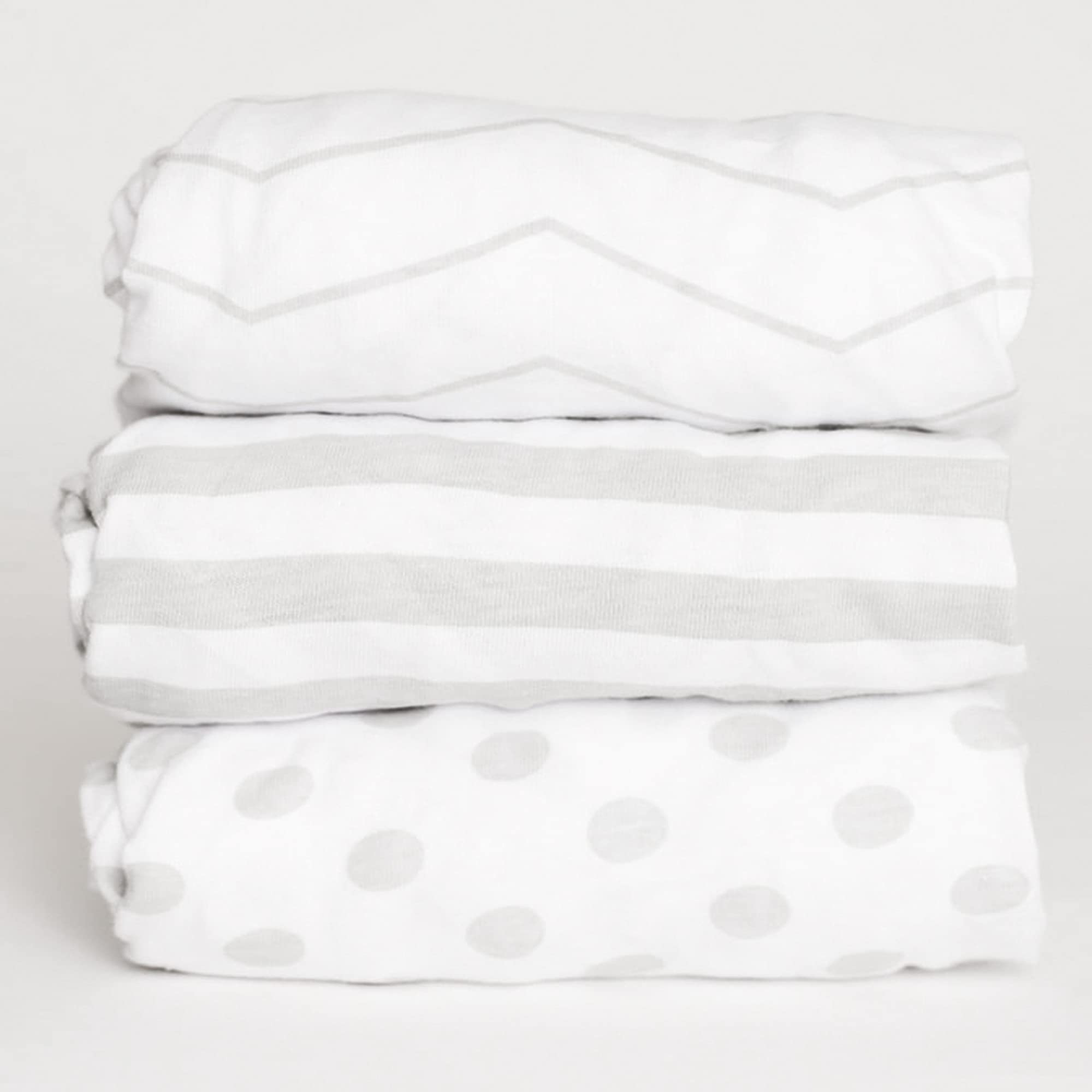 NODNAL CO. 3 Fitted Gray Mini Crib Pack n Play Playard Portable Crib Sheets Set - 100% OEKO-TEX Cotton Baby Girl/Boy Nursery Bedding, Gender Neutral Polka Dot Stripe Travel Pack and Play Playpen Sheet