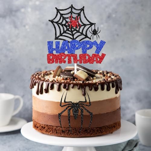 KOBOKO Spider Tortendeko Geburtstag, Spinnennetz Cake Topper Geburtstag, Glitzer Happy Birthday Tortendeko Schwarz Rot Blau, Spinne Happy Birthday Cake Topper, Spidey Kuchendeko für Kindergeburtstag
