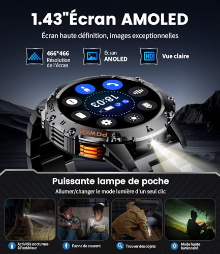 LIGE Montre Connectée Homme avec Appel Bluetooth/LED Lampe, 1.43" HD Smartwatch Homme avec 500 mAh Batterie/Fréquence Cardiaque Sommeil Moniteur/120+ Modes Sportifs pour Android iOS, Noir – Image 3