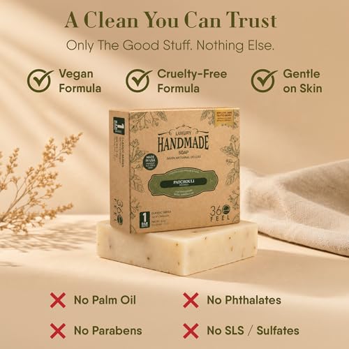 Image of 360Feel Handmade Castile Soap - Patchouli, 5 oz, 4-Pack | Made in the USA, Cold-Processed, Moisturizing with a Artisanal Scent for Relaxation - Calm, Rich, Creamy Lather