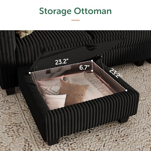 HONBAY Corduroy Modular Sectional Couch with Storage L-Shaped Sectional Couches for Living Room 6 Seater Modular Sectional Sofa, Black - Image 4