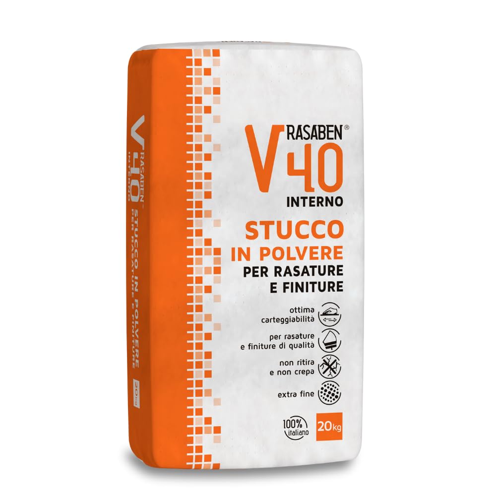 RASABEN - Stucco in Polvere V40 Extra Fine a Base di Gesso per Rasature e Finiture, Ottima Carteggiabilità, Non Ritira o Crepa, per Muri Interni e Cartongesso, Made in Italy, Sacco da 20kg