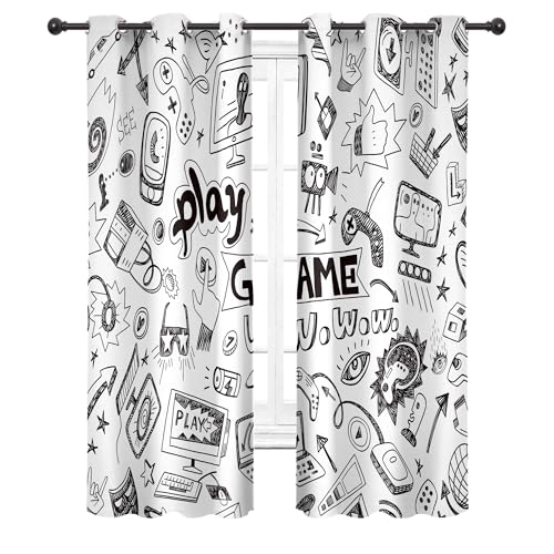Cinbloo Lot de 2 Rideaux occultants à Motif Jeux vidéo pour Enfants, 73 cm de Large x 160 cm de Long, Noir et Blanc, décoration de Chambre à Coucher, pour Salon,...