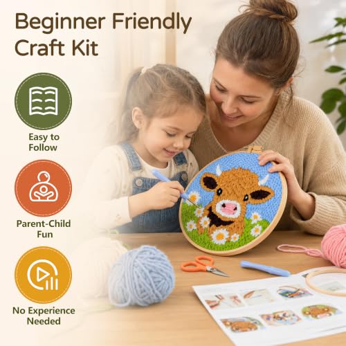 Image of CYANFOUR Punch Needle Kit for Beginners, Highland Cow Punch Needle Kits | Craft Kits for Adults with 2 Pre-Printed Fabrics, Embroidery Hoop, Threads, DIY Gift and Home Decor 20 * 20cm