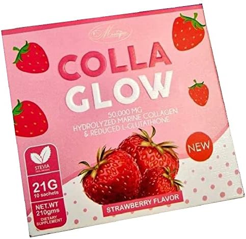 Mistique Colla Glow 50,000mg Hydrolyzed Marine Collagen Strawberry Flavor Powder Mix, 10 Sachets 21g Each