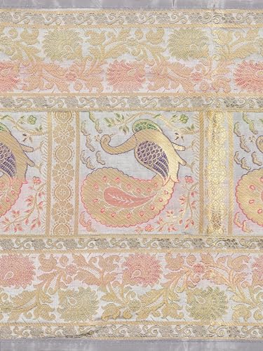 Image of Banarasi Brocade Zari Silk Table Runner Dinning & Centre Table Runner 177 By 30 CM (Grey, Peacock)