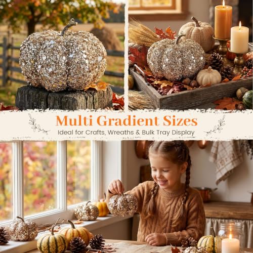 Image of DomeStar Artificial Glitter Pumpkin, Gold Pumpkin Harvest Table Centerpiece | Fall, Halloween & Thanksgiving Decorations
