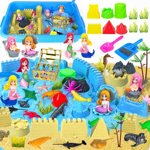 Tcvents 57Pcs Mermaid Sensory Bin Toys, Ocean Sensory Sandbox for Kids Ages 3 4 5 6 7 8 with 2.64lbs Magic Sand, Castle Moulds, 4 Mermaids, 30 Sea Animals- Toddlers Play Sand Art Kits Birthday Gift