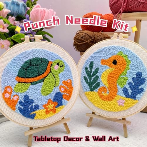 Image of Punch Needle Kit for Beginner, 2-Pack Turtle & Sea Horse Punch Embroidery Starter Set with Instructions - Yarn Needle Punch Craft for Xmas Gift Idea & Home Wall Decor