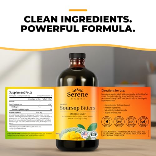 Image of Serene Herbs Soursop Bitters Liquid with Soursop Leaves for Gut Cleanse, Detox & Immune Boost with Black Seed, Moringa, Irish Moss, Ashwaganda, Turmeric, 16 Fl Oz (Pack of 1), Mango