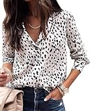 Avanova Women's Casual Leopard Print Tops Blouse V Neck Long Sleeve Button Down Shirt #1 White Small