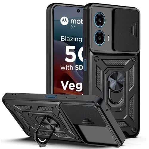 Image of SPAZY CASE Moto G45 5G / G34 5G Back Cover | Heavy Duty Hybrid Case with 360 Degree Rotating Finger Ring Holder + Slider Shutter Camera Protection Case for Moto G45 5G / G34 5G - Black