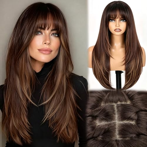 FLORVAE Long Brown Highlight Layered Wig with Bangs for Women,4x4 Realistic Scalp,Free Parting,26 Inch Layered Hairstyle Synthetic Heat Resistant for Daily Party Use