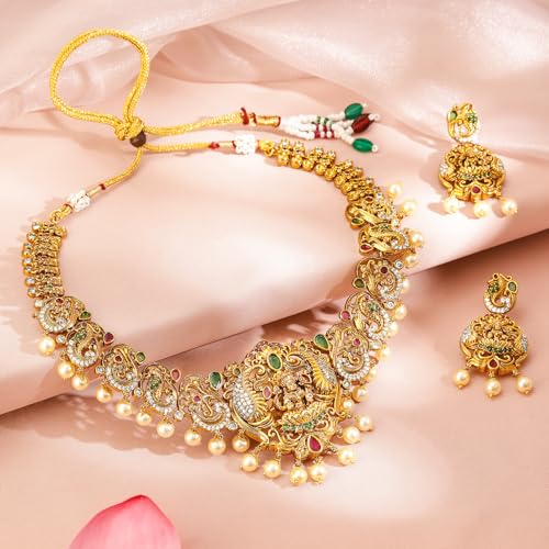 Image of Rubans Gold Plated Temple Necklace Set Traditional Statement Jewellery Gift for Women & Girls