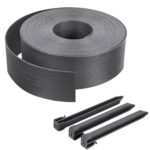 VOUNOT Flexible Rasenkante aus PE, Beeteinfassung mit 12 Befestigungsheringen, Länge 20m Höhe 8cm, Dicke 3mm Grau