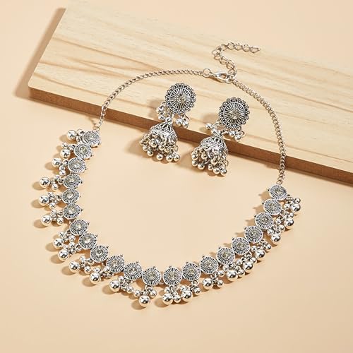 Oxidized-Necklace-Kundan-Indian-Jewelry-Sets for Women Jhumka-Choker-Earrings Chain Silver Jewelry Sets4