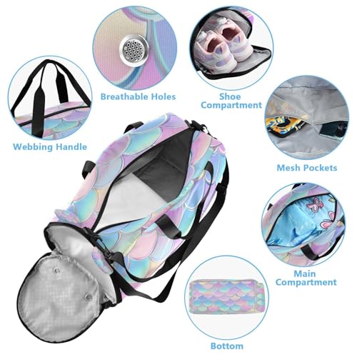 Gym Travel Duffle Bag for Boys Girls Mermaid Scales Pattern Sports Dance Bag with Shoe Compartment & Wet Pocket Football Kids Travel Bag Teens Sleepover Carry4