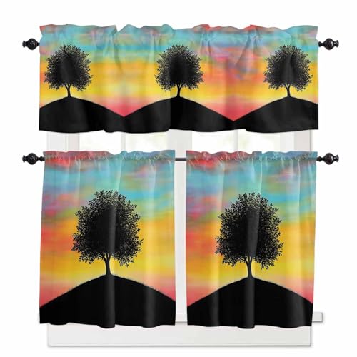 Mountain Tree Silhouette Kitchen Curtains 36 Inch Length, 3 Piece Rod Pocket Small Half Tiers and Valance Set, Orange Blue Sky Watercolor Small Large Window Treatment Decor for Bedroom/Bathroom Sink