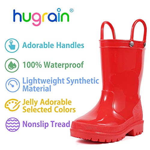 Hugrain Toddler Rain Boots Girls Baby Kids Waterproof Shoes Lightweight Adorable Cute Solid Rubber Mud Boots Non Slip With Easy-On Handles (Size 11,Red) #TOP1