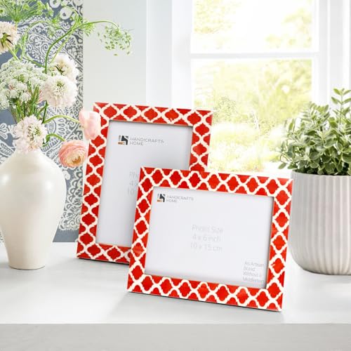 Image of Handicrafts Home Red & White Vintage Photo Frames for Wall or Tabletop Display, 4x6 Picture Frame Set of 2,Boho Farmhouse Gallery Wall Frame Set, Artisan Handmade Home Decor, Handmade Moroccan Frame