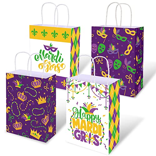 Whaline 20 Pack Mardi Gras Paper Gift Bags with Handle Crown Mask Gold Coins Party Favor Treat Bags for Gift Wrapping Birthday Party Supplies 4 Designs