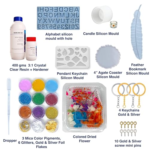 Image of 400g DIY Epoxy Resin Art Materials Kit For Making Coasters, Bangles, Pendant, Alphabet Keychains, Bookmarks, Tealight Candles with 5 Silicone moulds for Beginners (3:1 Raisin to Hardener)