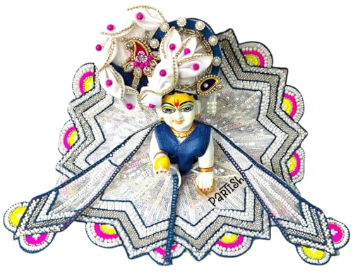 Image of Partish Laddu Gopal Heavy Dress for Janmashtmi with Mukut and Patka l Ladoo Gopal Dress l Bal Gopal l Kanha Ji Thakur Ji Heavy Dress (Size 5, White)