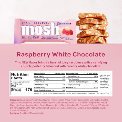 MOSH Raspberry White Chocolate Crunch Keto Protein Bars, High Fiber, Low Carb, Gluten Free, High Protein, Brain Healthy Snack, 12 Count
