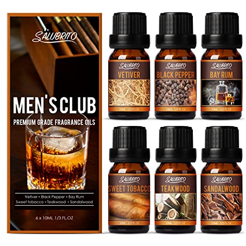 SALUBRITO Männer Ätherische Öle Set, Holz Duftöle für Diffuser, Aromatherapie Öl für Kerzenherstellung - Sandelholz, Teakholz, Lorbeer-Rum, Schwarzer Pfeffer, Vetiver, Geschenk für Männer
