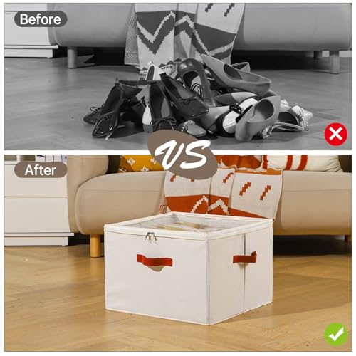 Image of INSTY Shoe Organizer for Closet, 2 Pack Foldable Shoe Storage Containers, Fits up to 16-32 Pairs, Adjustable Dividers for Shoe Organizer, Fabric Shoe Storage Bins with Clear Cover, Beige