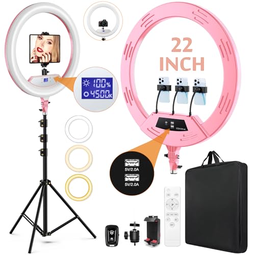 Image of 22 inchRing Light with Stand,Ring Light Tripod for iPhone ipad,with 75 inchTripod /LCD Display /4 ipad iPhone Clips /2 USB Ports,2600K-6500K Color Temperature,for Barber Makeup Tattoo TikTok Video Recording Vlog