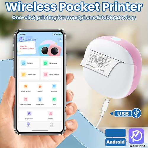 Image of Portable Thermal Printer, Compact Lightweight Inkless Smudge Proof Thermal Label Printer, Student Study Tool with WalkPrint App Support for Students Professionals On the Go (Pink)