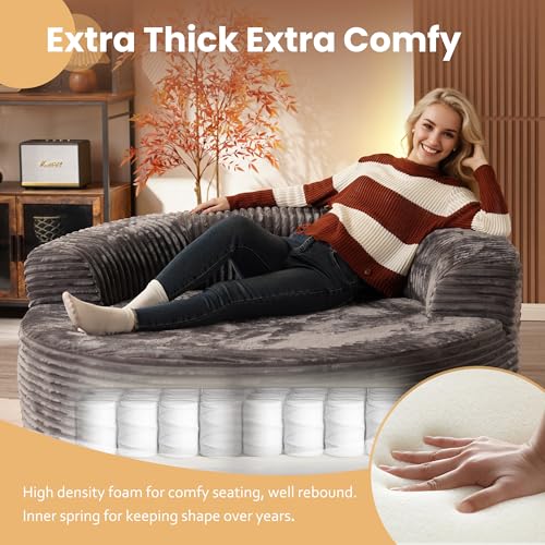 Image of HOOOWOOO Cloud Round Couch for Living Room,Oversized Single Sofa No Assembly,Matching Plush Corduroy Chaise Lounge Accent Chair for 1 to 2 Persons(Gray)