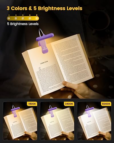 Glocusent Horizontal Et-Head Book Light For Reading In Bed, Eye Caring, Cri 95, 3 Colors & 5 Brightness, Rechargeable Long Lasting Reading Light, 1.4Oz Lightweight & Portable, Perfect For Book Lovers #TOP3