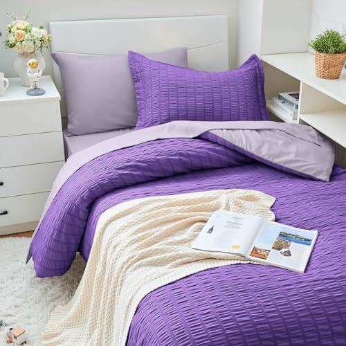 Image of HYMOKEGE Dark Purple /Lavender Twin XL Comforter Set Seersucker 5 Pieces, All Season Luxury Bed in a Bag for Bedroom, Bedding Set with Comforter, Sheets, Pillowcase & Sham