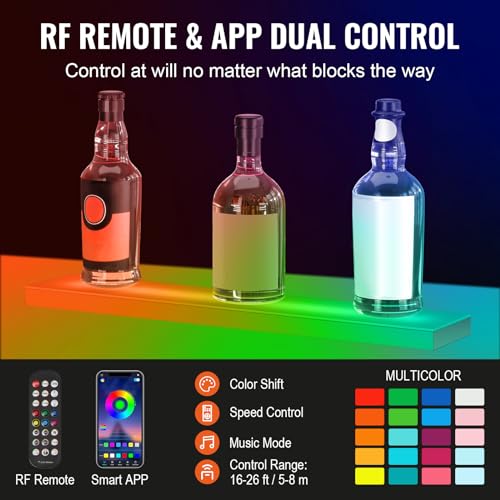 Image of VEVOR LED Lighted Liquor Bottle Display, 1 Tiers 16 Inches, Supports USB, Illuminated Home Bar Shelf with RF Remote & App Control 7 Static Colors 1-4 H Timing, Acrylic Lighted Shelf for 6 Bottles
