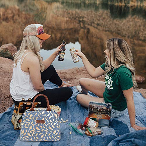 LOKASS Lunch Bag Cooler Bag Women Tote Bag Insulated Lunch Box Water-resistant Thermal Lunch Bag Soft Liner Lunch Bags for women /Picnic/Boating/Beach/Fishing/Work (Blue+Gold leaf) - Thumbnail 7